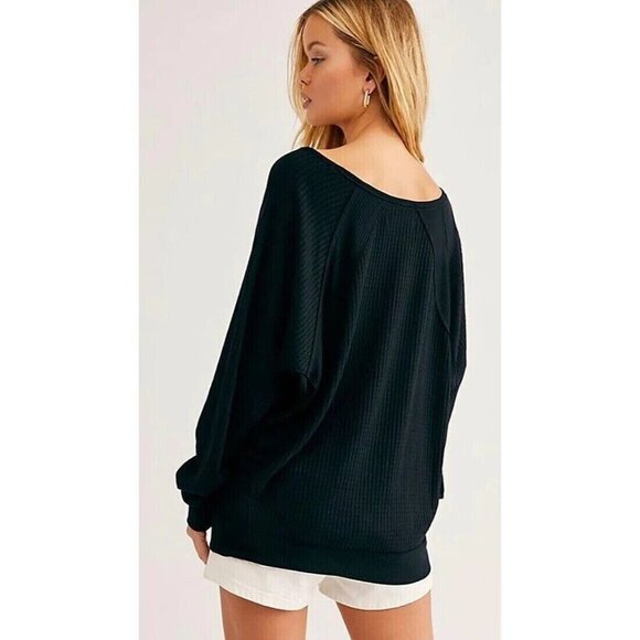 Free People Santa Clara Thermal Top Dolman Sleeve V Neck Black size Medium M - Picture 3 of 7